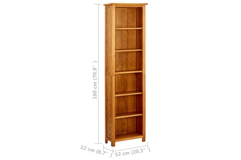 bogreol med 6 hylder 52x22x180 cm massivt egetræ - Brun - Opbevaring - Hylder & Reoler - Bogreol