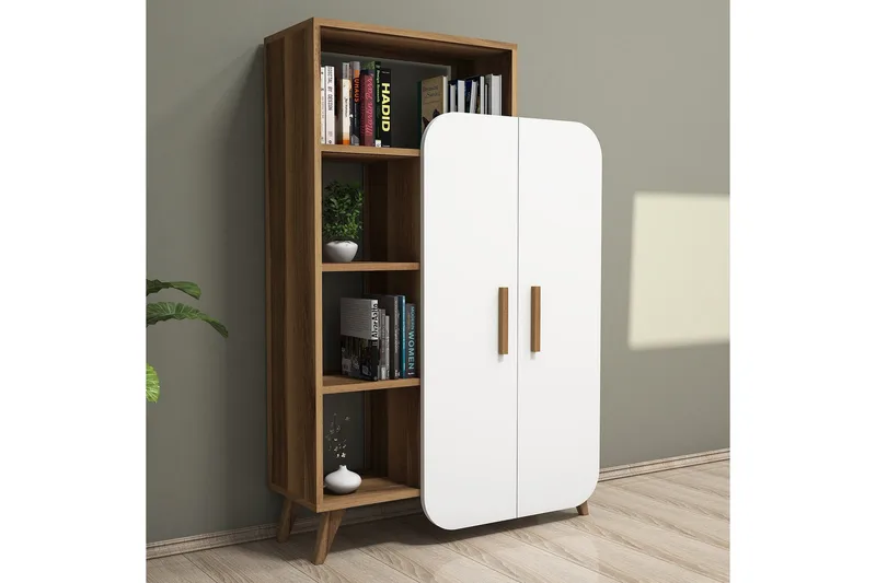 Hommaz bogreol med låger, Valnød / hvid