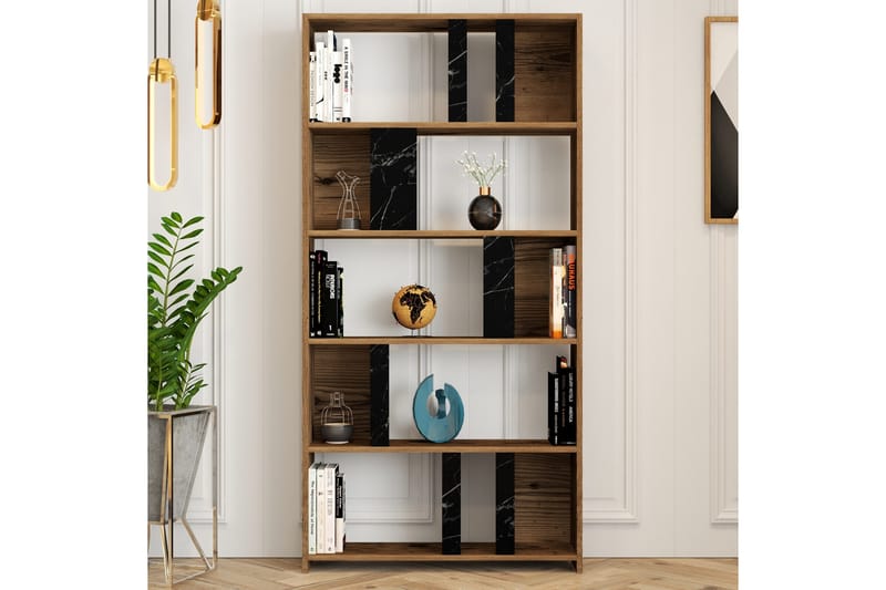 Timiza Bogreol 90 cm med 5 Hylder i Valnød og Marmor - Sort - Opbevaring - Hylder & Reoler - Bogreol