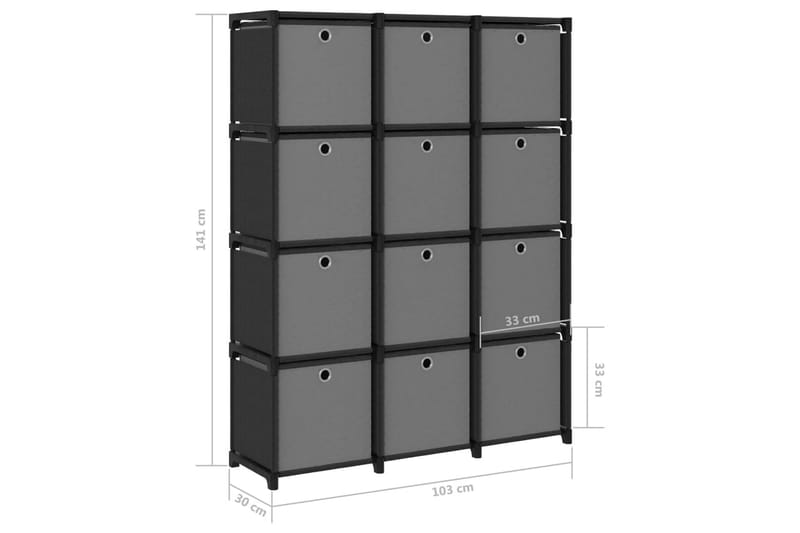 Displayreol Med 12 Rum Og Kasser 103x30x141 cm Stof Sort - Opbevaring - Hylder & Reoler - Reolsystem