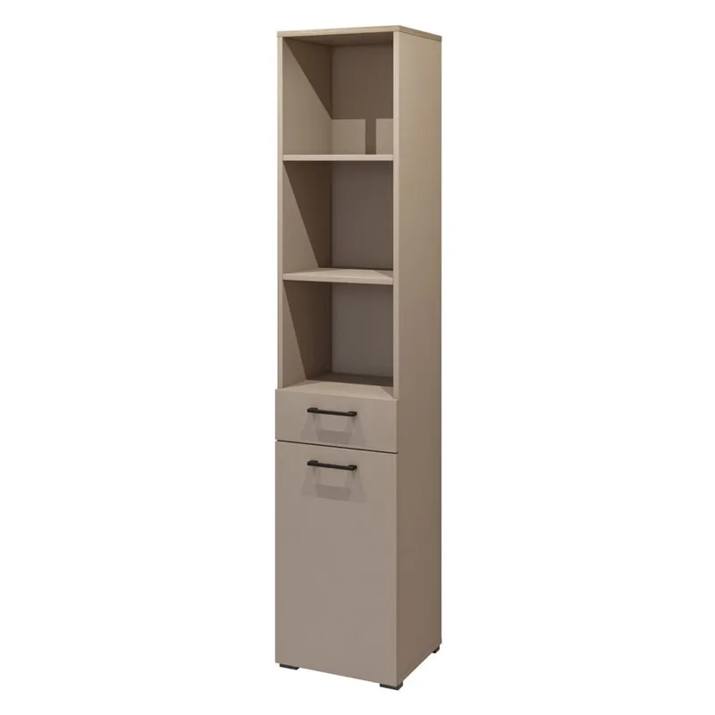 Skab Bogreol 40 cm med 1 Skuffe og 1 Låge i Eg, Taupe
