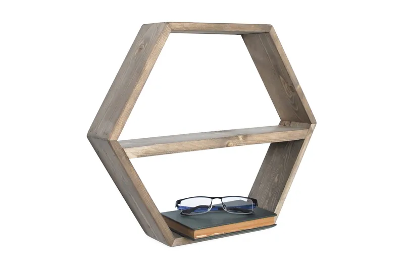 Evila Hexagon Vægreol 42 cm i Mørkt Træ, Brun