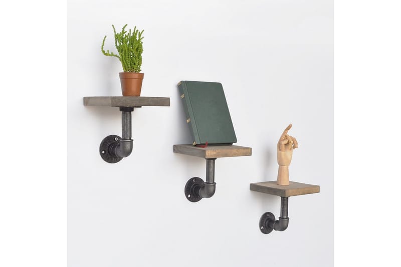 Evila Væghylde Rør / træ 3-pack - Sort / træ - Opbevaring - Hylder & Reoler - Væghylde & vægreol