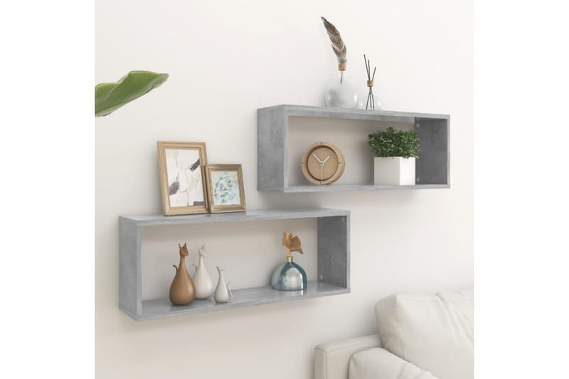 kubeformede væghylder 2 stk. 60x15x23 cm spånplade betongrå - Grå - Opbevaring - Hylder & Reoler - Væghylde & vægreol