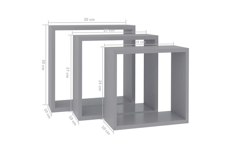 kubeformede væghylder 3 stk. MDF grå - Grå - Væghylde & vægreol