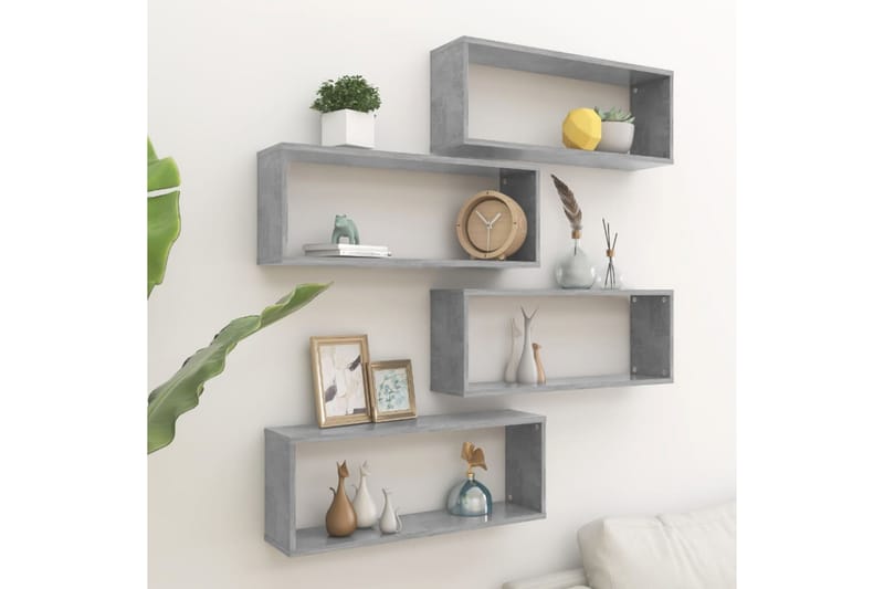 kubeformede væghylder 4 stk. 60x15x23 cm spånplade betongrå - Grå - Opbevaring - Hylder & Reoler - Væghylde & vægreol