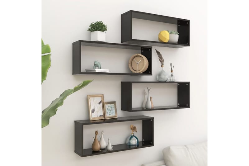 kubeformede væghylder 4 stk. 60x15x23 cm spånplade sort - Sort - Opbevaring - Hylder & Reoler - Væghylde & vægreol