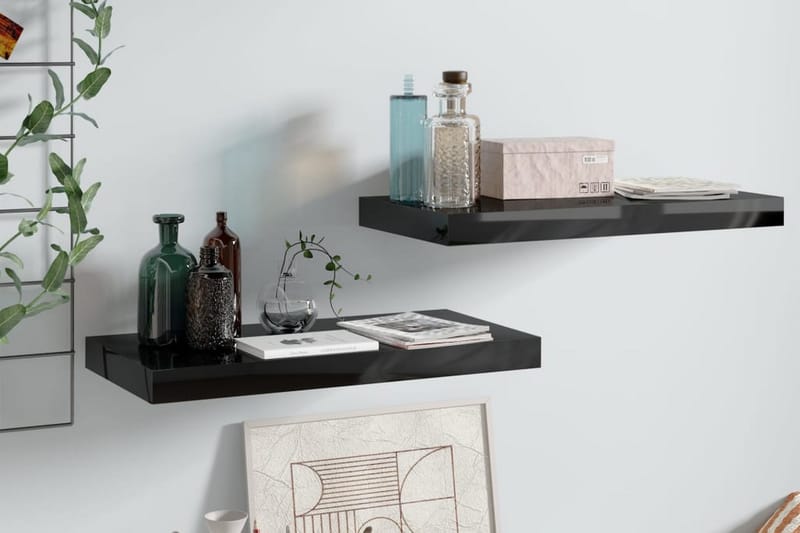 svævehylder 2 stk. 50x23x3,8 cm MDF sort højglans - Sort - Opbevaring - Hylder & Reoler - Væghylde & vægreol