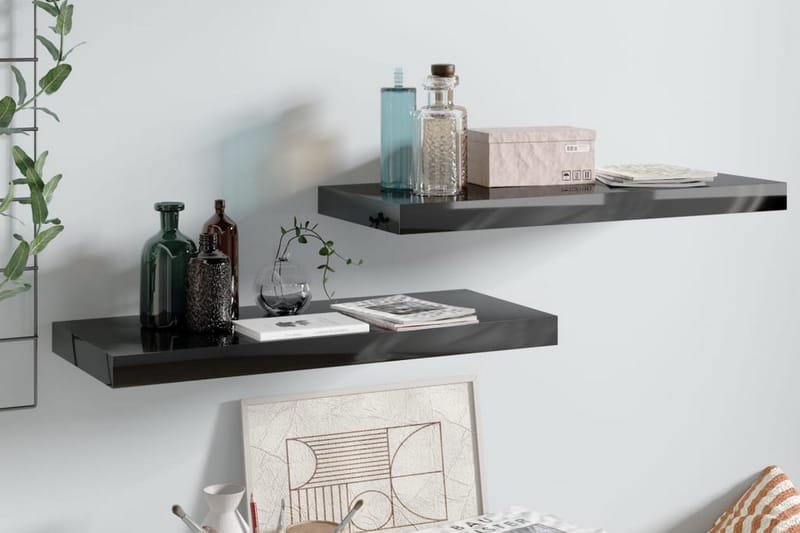 svævehylder 2 stk. 60x23,5x3,8 cm MDF sort højglans - Sort - Opbevaring - Hylder & Reoler - Væghylde & vægreol