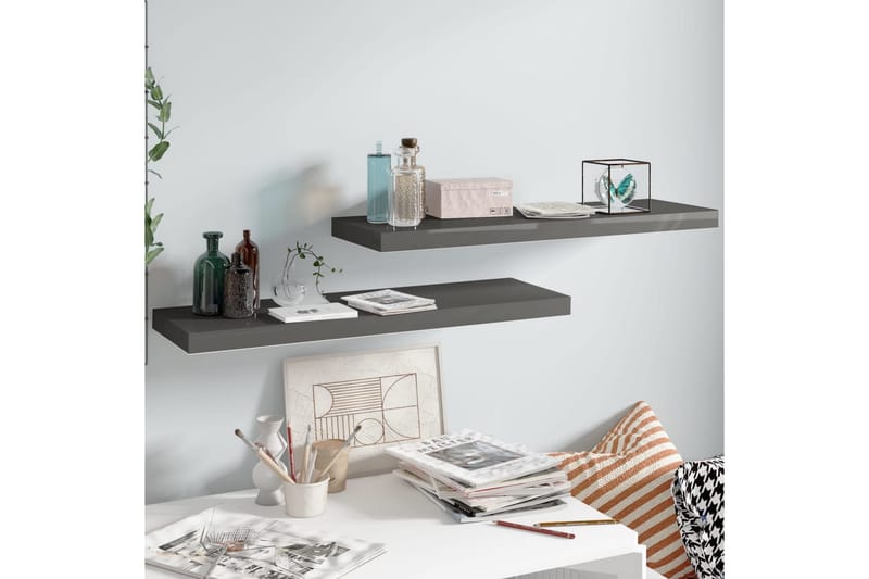 svævehylder 2 stk. 80x23,5x3,8 cm MDF grå højglans - Grå - Opbevaring - Hylder & Reoler - Væghylde & vægreol