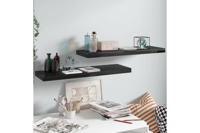 svævehylder 2 stk. 80x23,5x3,8 cm MDF sort højglans - Sort - Opbevaring - Hylder & Reoler - Væghylde & vægreol