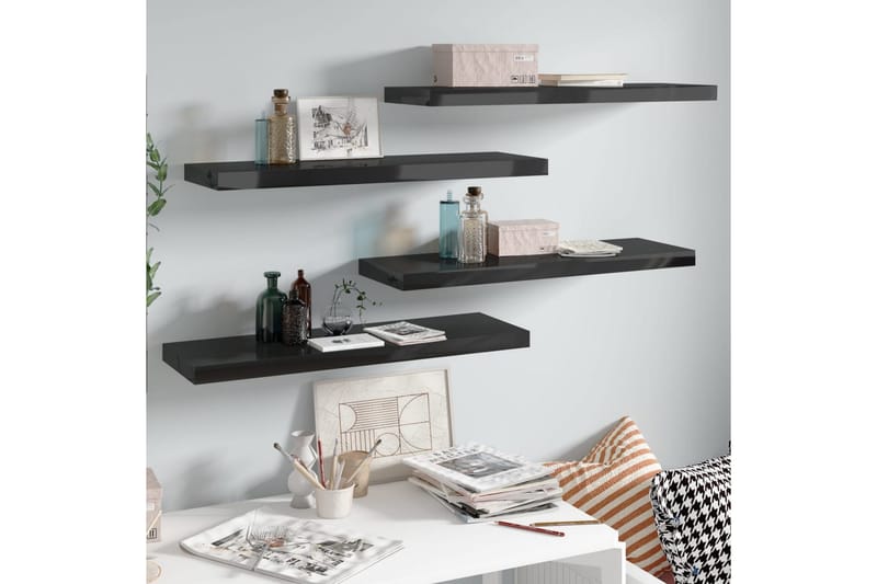 svævehylder 4 stk. 80x23,5x3,8 cm MDF sort højglans - Sort - Opbevaring - Hylder & Reoler - Væghylde & vægreol
