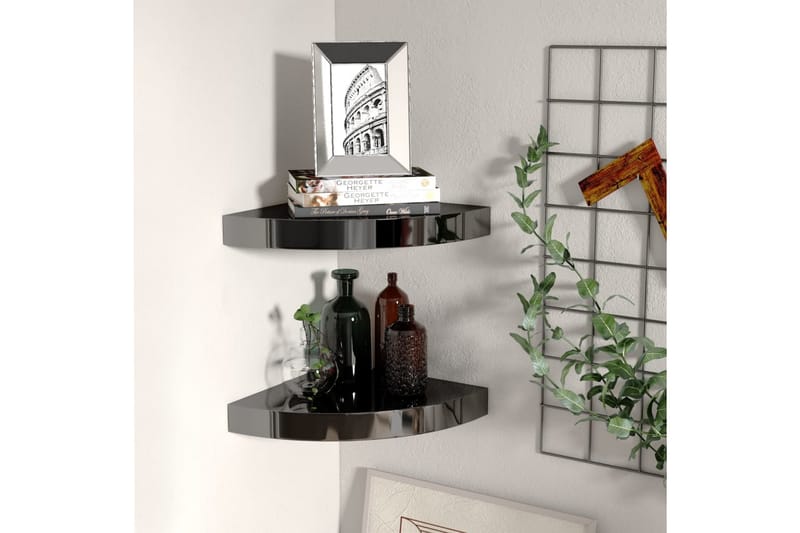 svævehylder til hjørne 2 stk. 25x25x3,8cm MDF sort højglans - Sort - Opbevaring - Hylder & Reoler - Væghylde & vægreol