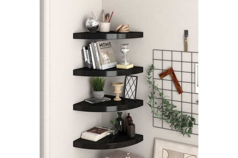 svævehylder til hjørne 4 stk. 35x35x3,8 cm MDF sort - Sort - Opbevaring - Hylder & Reoler - Væghylde & vægreol