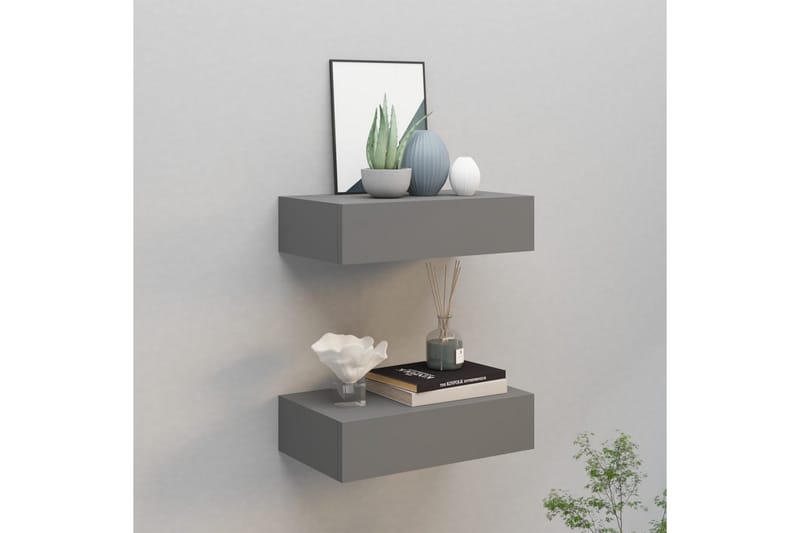 væghængte hylder med skuffe 2 stk. 40x23,5x10 cm MDF grå - Grå - Opbevaring - Hylder & Reoler - Væghylde & vægreol