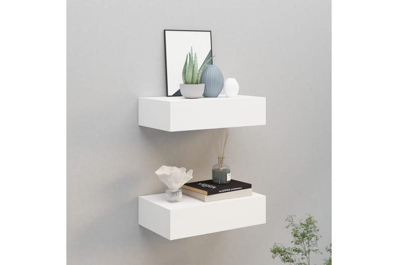 væghængte hylder med skuffe 2 stk. 40x23,5x10 cm MDF hvid - Opbevaring - Hylder & Reoler - Væghylde & vægreol