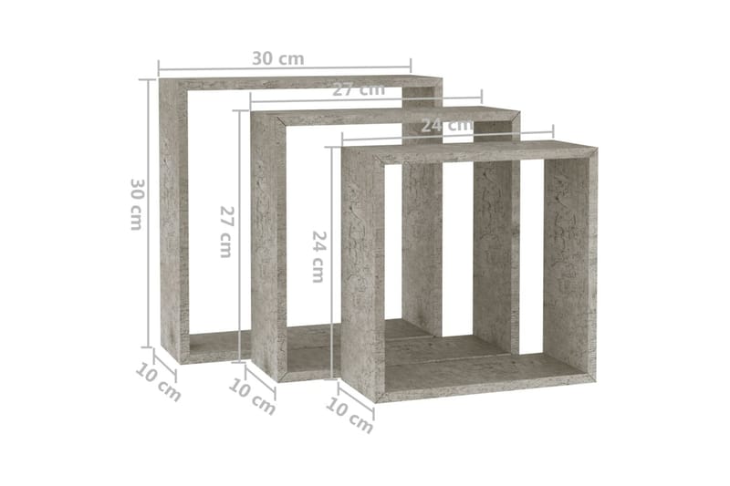 væghylder 3 stk. kubeformet betongrå - Grå - Væghylde & vægreol