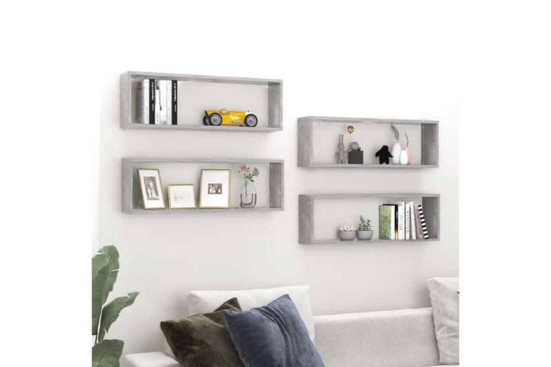 væghylder 4 stk. 80x15x26,5 cm spånplade kubeform betongrå - Grå - Opbevaring - Hylder & Reoler - Væghylde & vægreol