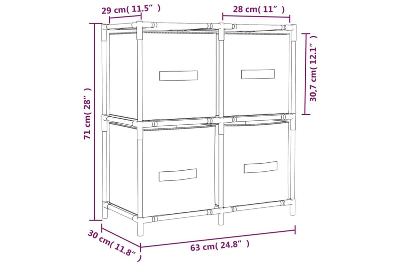 beBasic opbevaringsskab med 4 stofkurve 63x30x71 cm stål cremefarvet - Creme - Opbevaring - Opbevaring til småting - Kurve & kasser