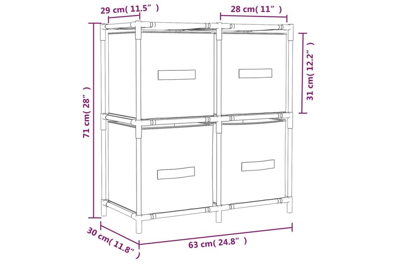 beBasic opbevaringsskab med 4 stofkurve 63x30x71 cm stål grå - GrÃ¥ - Opbevaring - Opbevaring til småting - Kurve & kasser