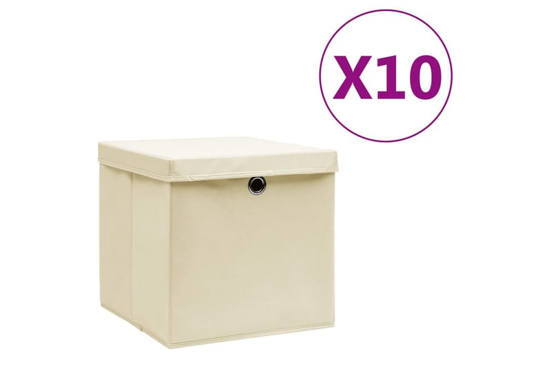Opbevaringskasser med låg 10 stk. 28x28x28 cm cremefarvet - Creme - Opbevaring - Opbevaring til småting - Kurve & kasser