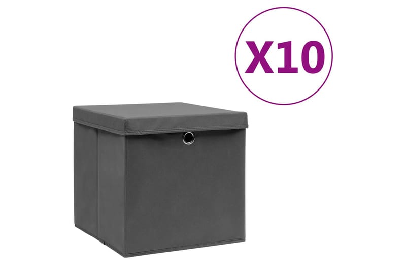 Opbevaringskasser med låg 10 stk. 28x28x28 cm grå - Grå - Kurve & kasser