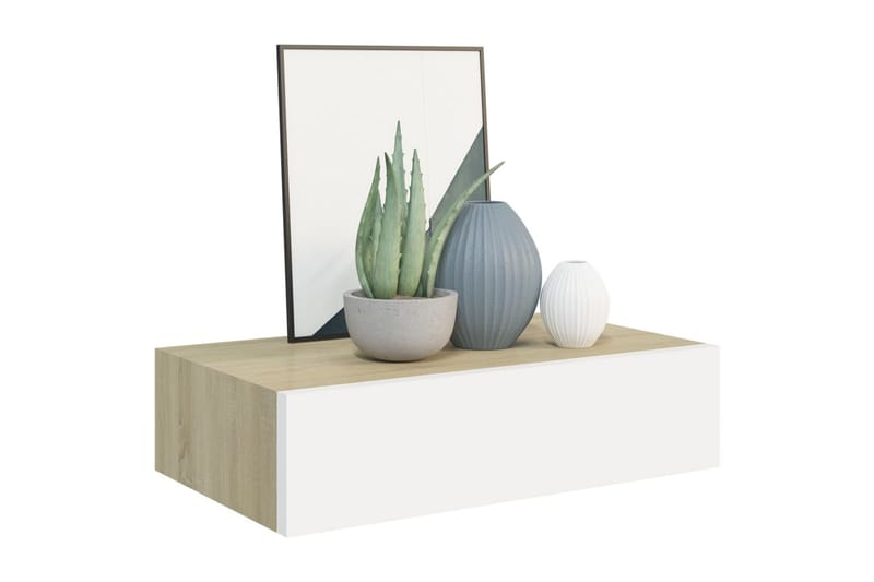 væghængt hylde med skuffe 40x23,5x10 cm MDF egetræ og hvid - Beige - Opbevaring - Opbevaring til småting - Kurve & kasser