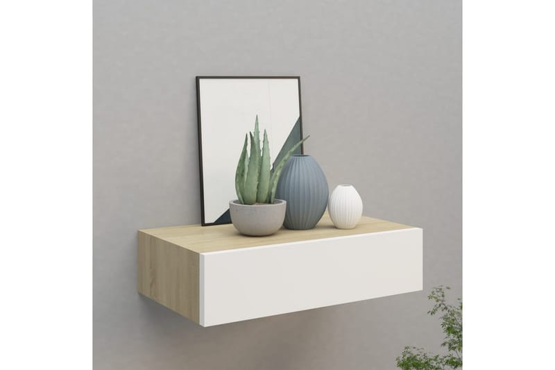 væghængt hylde med skuffe 40x23,5x10 cm MDF egetræ og hvid - Beige - Opbevaring - Opbevaring til småting - Kurve & kasser
