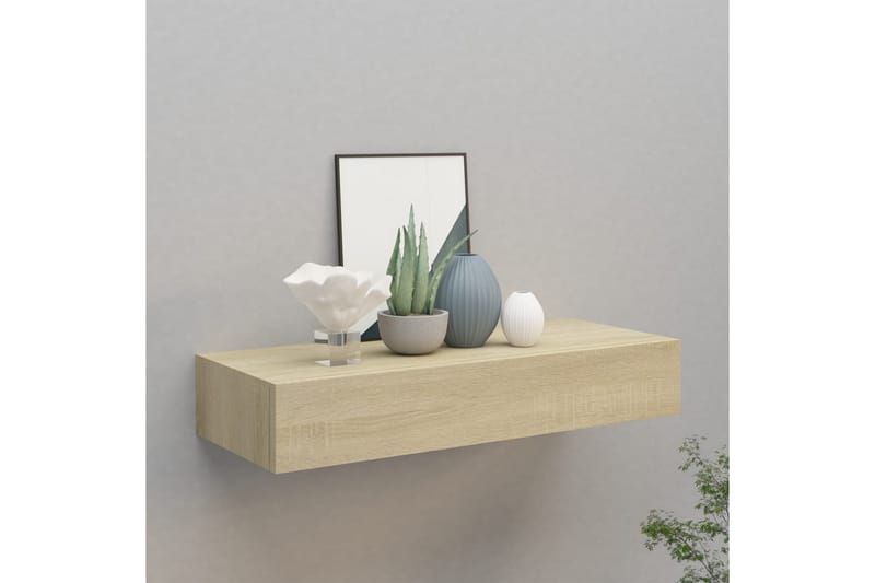 væghængt hylde med skuffe 60x23,5x10 cm MDF egetræ - Brun - Opbevaring - Opbevaring til småting - Kurve & kasser