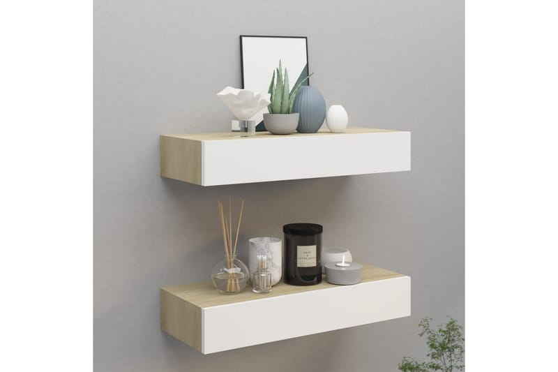 væghængte hylder m. skuffe 2 stk. 60x23,5x10 cm MDF - Grå - Opbevaring - Opbevaring til småting - Kurve & kasser