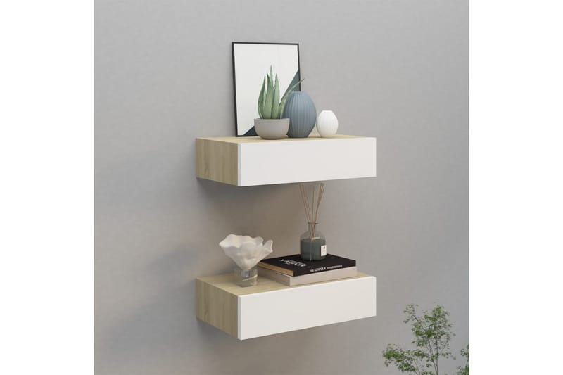 væghængte hylder med skuffe 2 stk. 40x23,5x10 cm MDF - Beige - Opbevaring - Opbevaring til småting - Kurve & kasser