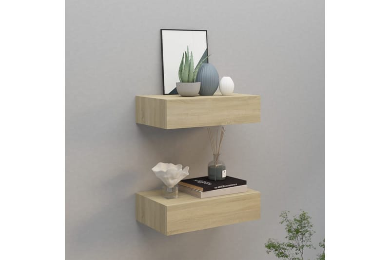 væghængte hylder med skuffe 2 stk. 40x23,5x10 cm MDF egetræ - Brun - Opbevaring - Opbevaring til småting - Kurve & kasser