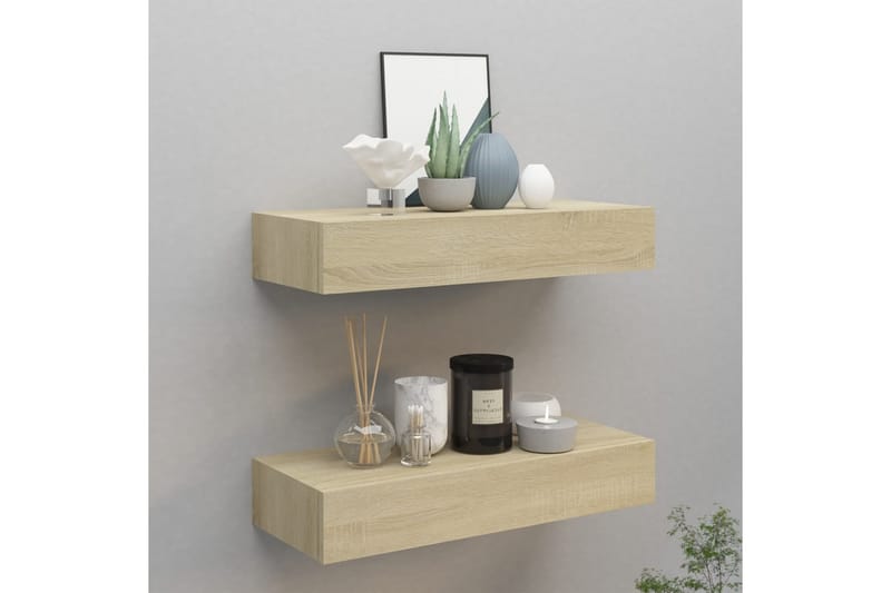 væghængte hylder med skuffe 2 stk. 60x23,5x10 cm MDF egetræ - Brun - Opbevaring - Opbevaring til småting - Kurve & kasser