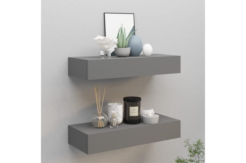 væghængte hylder med skuffe 2 stk. 60x23,5x10 cm MDF grå - Grå - Opbevaring - Opbevaring til småting - Kurve & kasser