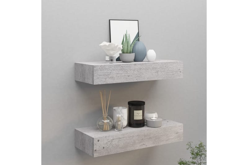 væghængte hylder med skuffe 2 stk. 60x23,5x10 cm MDF - Grå - Opbevaring - Opbevaring til småting - Kurve & kasser