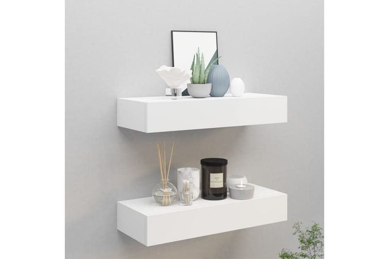 væghængte hylder med skuffe 2 stk. 60x23,5x10 cm MDF hvid - Hvid - Opbevaring - Opbevaring til småting - Kurve & kasser