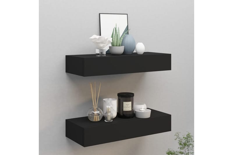 væghængte hylder med skuffe 2 stk. 60x23,5x10 cm MDF sort - Sort - Opbevaring - Opbevaring til småting - Kurve & kasser