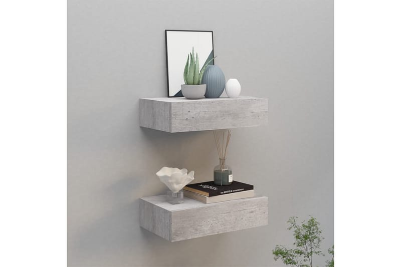 væghængte hylder med skuffe 2stk. 40x23,5x10cm MDF betongrå - Grå - Opbevaring - Opbevaring til småting - Kurve & kasser