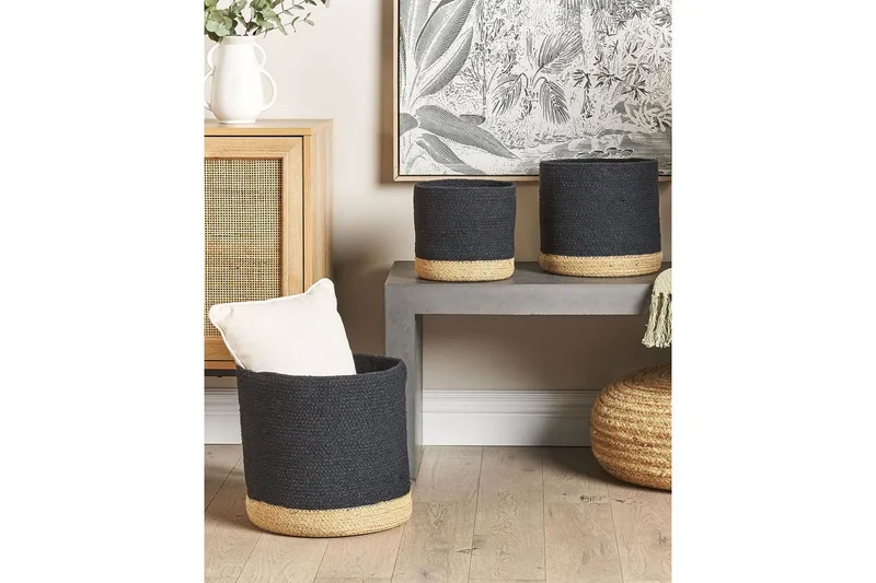 Kurv Basima sæt af 3 Beige, sort - Beige, sort - Opbevaring - Opbevaring til småting - Kurve - Flettet kurv & rattankurv