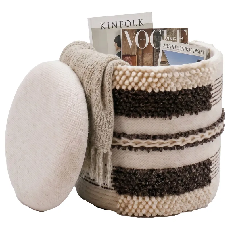 Virek rund siddepuf med opbevaring i uldstof, beige
