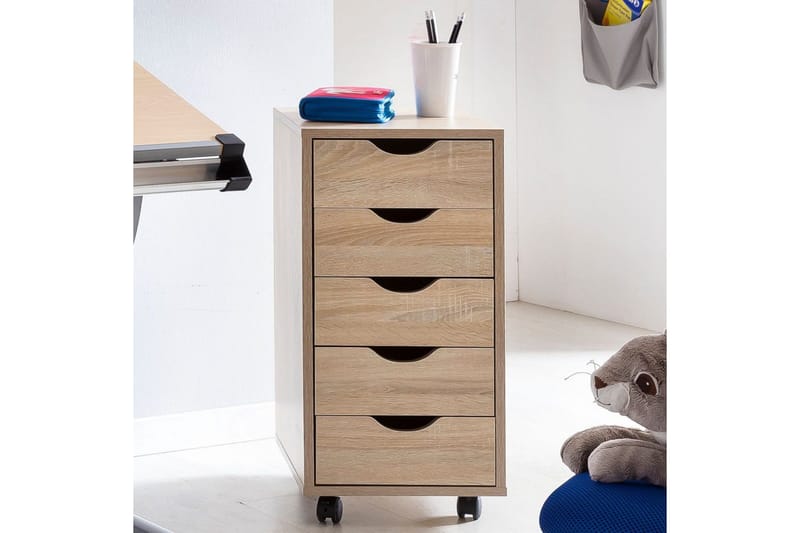 Rullecontainer Wohnling 5 skuffer i folieret spånplade med hjul, moderne stil Sonoma - Sonoma - Opbevaring - Opbevaring til småting - Opbevaringsstativ - Bærbarstativ