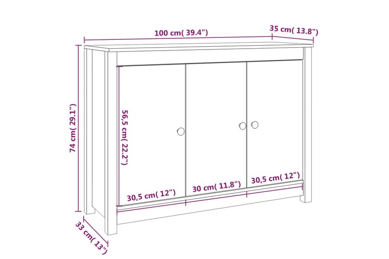 beBasic skænk 100x35x74 cm massivt fyrretræ grå - GrÃ¥ - Skænke & sideboards