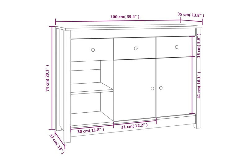 beBasic skænk 100x35x74 cm massivt fyrretræ grå - GrÃ¥ - Skænke & sideboards