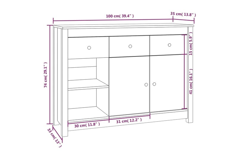 beBasic skænk 100x35x74 cm massivt fyrretræ gyldenbrun - Brun - Skænke & sideboards