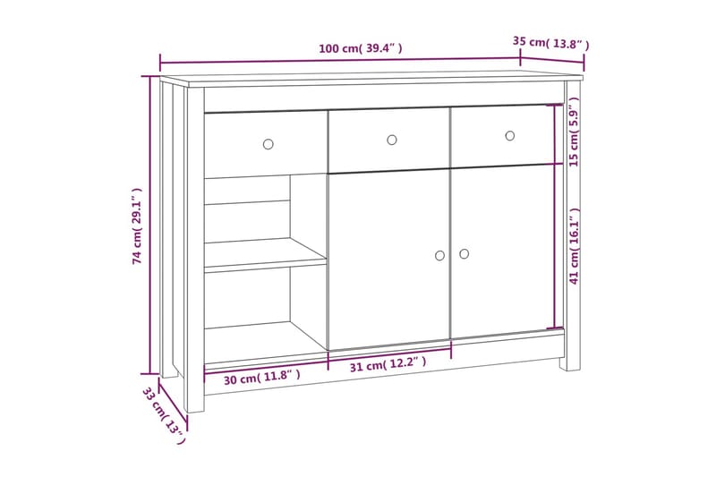 beBasic skænk 100x35x74 cm massivt fyrretræ hvid - Hvid - Opbevaring - Opbevaringsmøbler - Skænke & sideboards