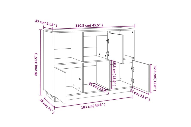 beBasic skænk 110,5x35x80 cm massivt fyrretræ gyldenbrun - Brun - Skænke & sideboards