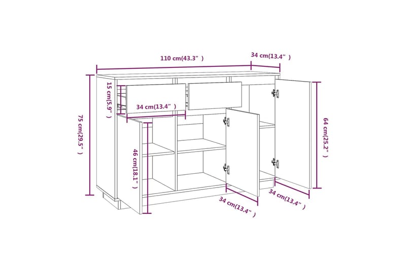 beBasic skænk 110x34x75 cm massivt fyrretræ hvid - Hvid - Skænke & sideboards