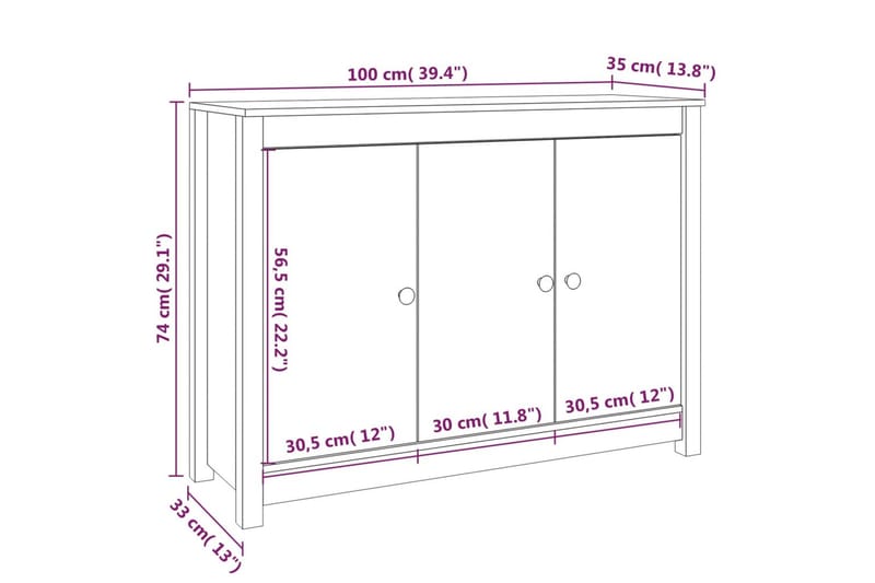 beBasic skænk 110x35x74 cm massivt fyrretræ hvid - Hvid - Skænke & sideboards