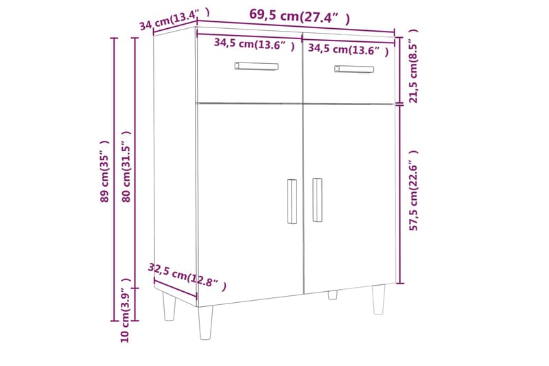 beBasic skænk 69,5x34x89 cm konstrueret træ brun egetræsfarve - Brun - Skænke & sideboards