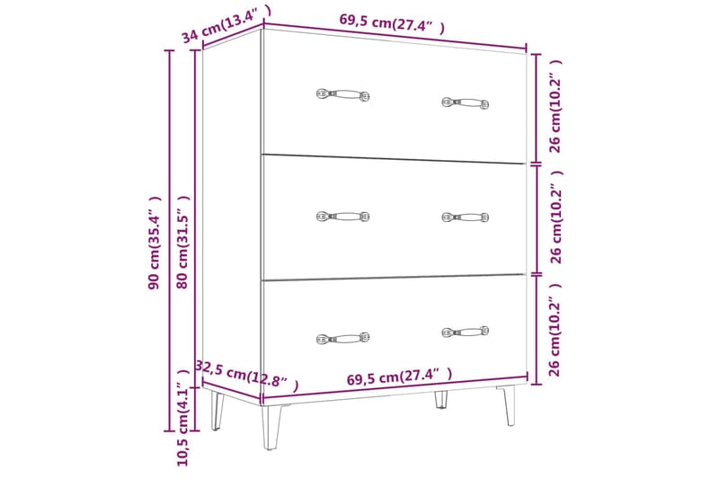 beBasic skænk 69,5x34x90 cm konstrueret træ brun egetræsfarve - Brun - Skænke & sideboards